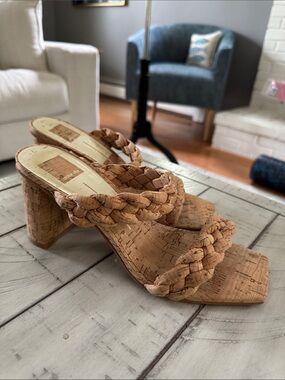 Braided Cork Block Heel Sandals - Tan